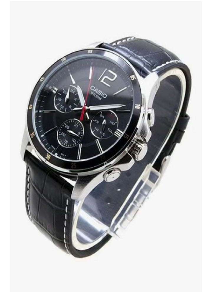 كاسيو ساعة رجالية مقاومة للماء بسوار جلدي تناظري MTP-1374L-1ADF - 47 مم - أسود - Image 3