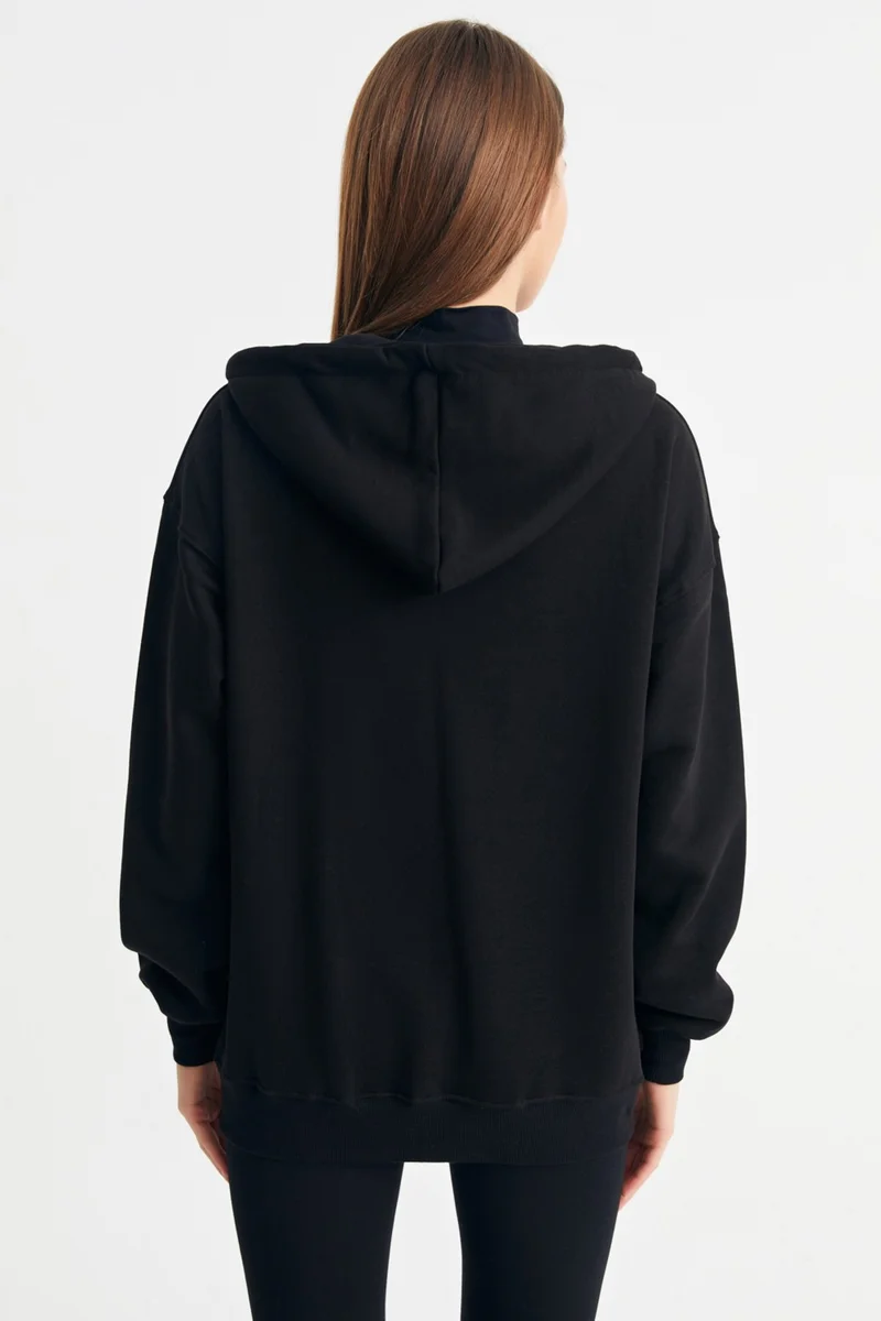 Ecrou Women's Black Hooded Oversize Basic Knitted Cardigan