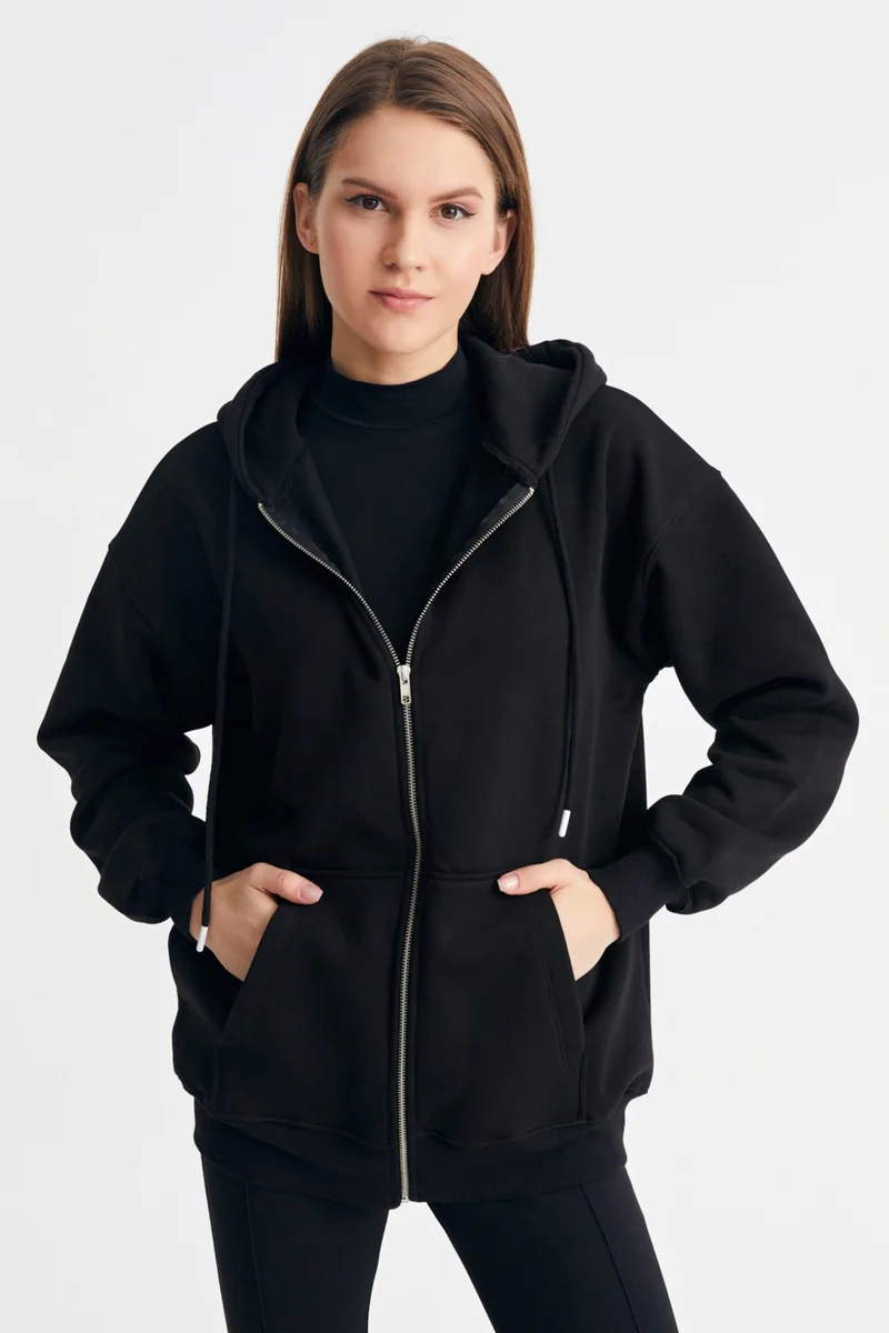 Ecrou Women's Black Hooded Oversize Basic Knitted Cardigan