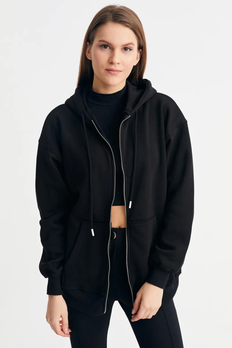 Ecrou Women's Black Hooded Oversize Basic Knitted Cardigan