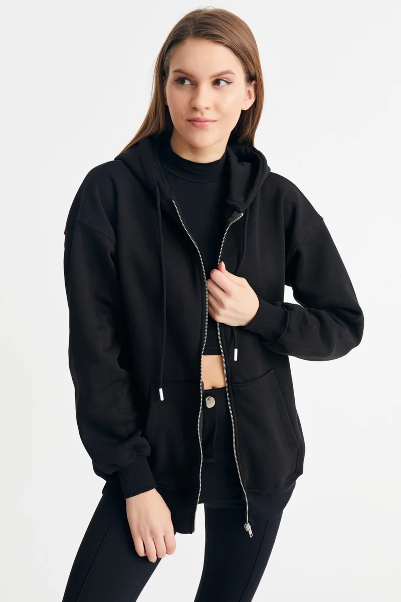 Ecrou Women's Black Hooded Oversize Basic Knitted Cardigan
