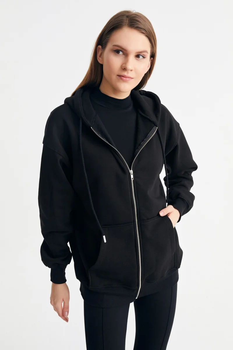 Ecrou Women's Black Hooded Oversize Basic Knitted Cardigan