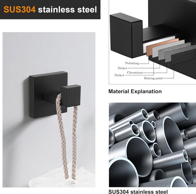 Nolimas 2 Pack Matte Black Towel Hook Stainless Steel Bathroom Rustproof Clothes Towel Coat Hook Wall Mounted Square Toilet Kitchen Heavy Duty Door Hanger - Image 3