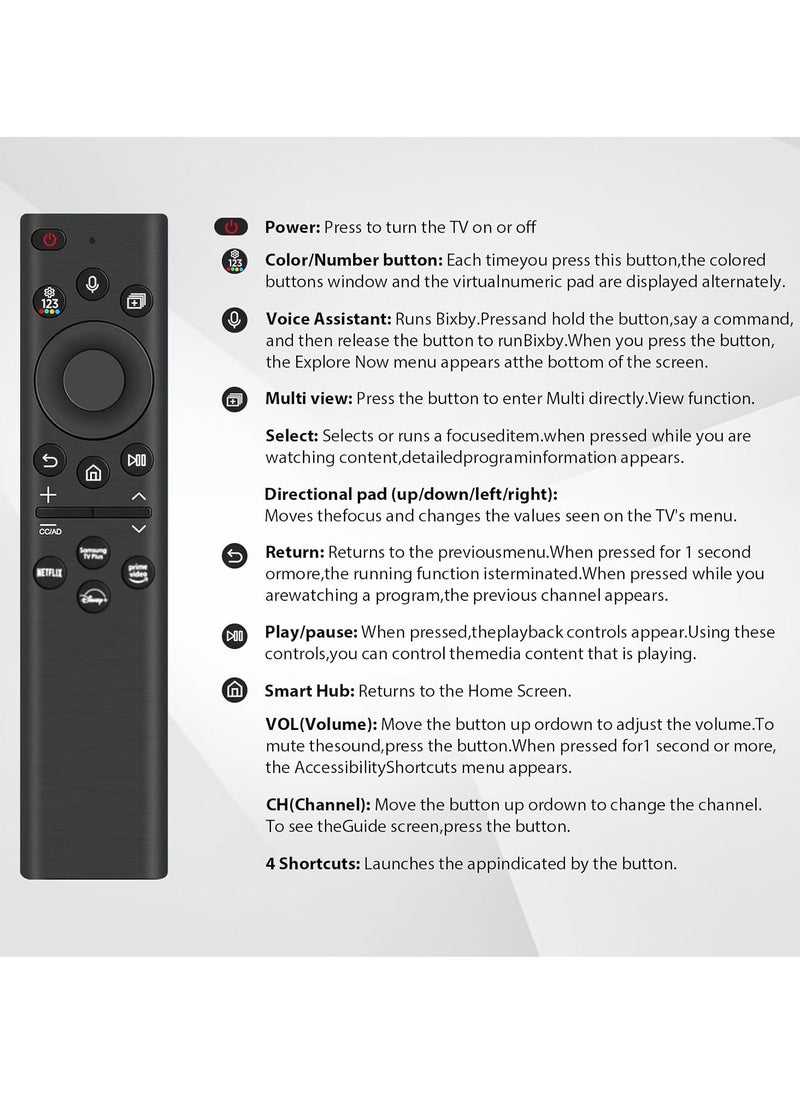 "Solar-Powered Voice Replacement Remote for Samsung TV: Universal Rechargeable with 4 Shortcut Buttons for 2021-2022 Neo LED Smart 4K Ultra HD Models"