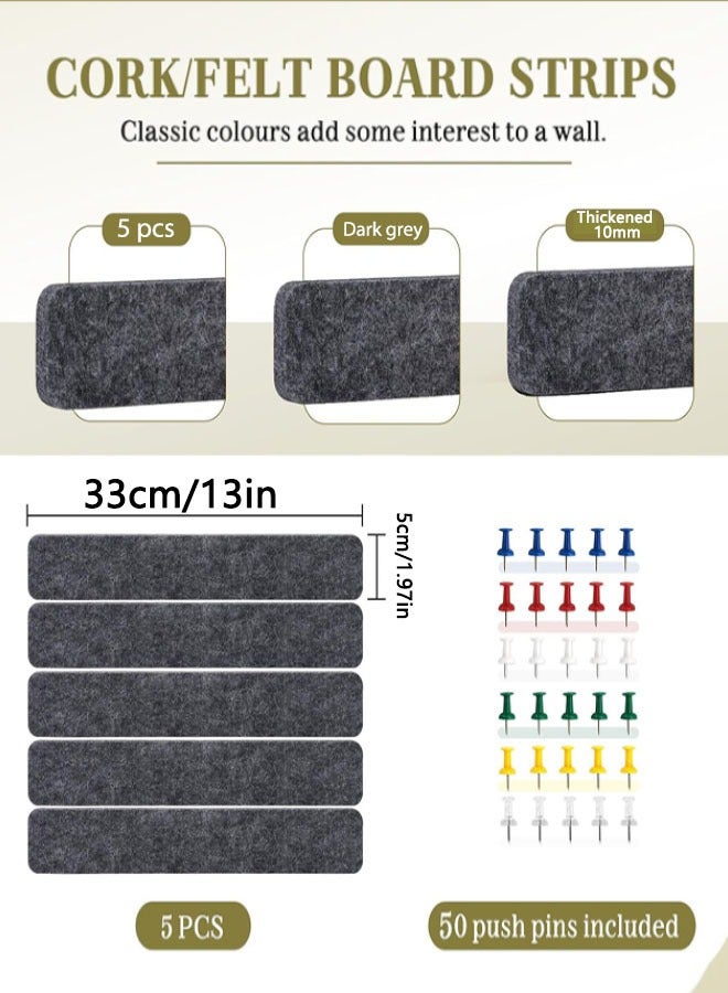 5 Pack Bulletin Board Strips, Felt Pin Board Bar with 50 Push Pins Self-Adhesive Felt Bulletin Board for Office School Home Wall Decoration, for Organize Memo, Photos, Display - Image 5