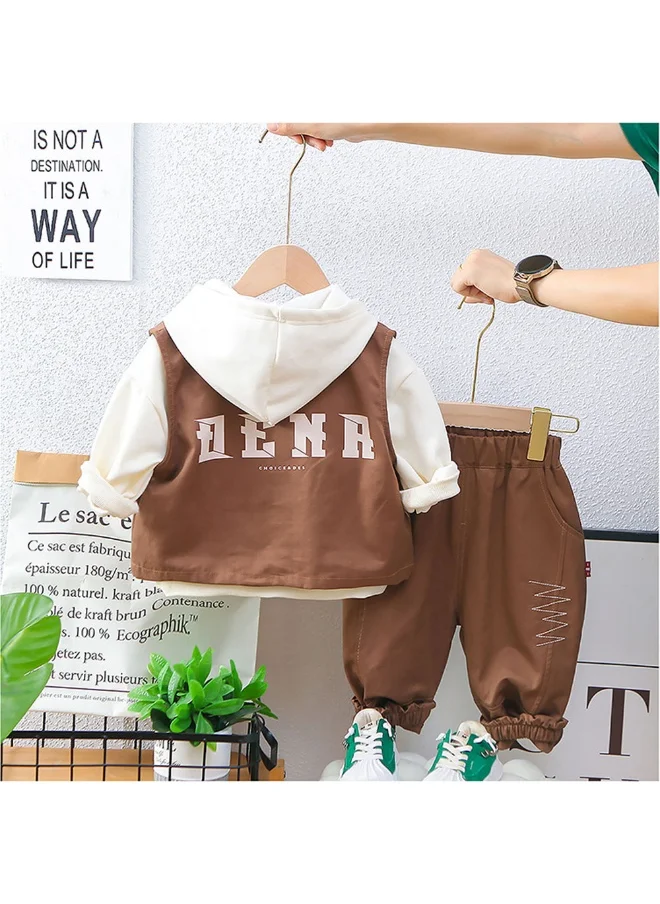صندوق المفاجآت الصغيرة Dark Brown Designed 3 Pcs Sleeveless Jacket Styled Hoodie And Pant Suit Set For Toddlers And Kids