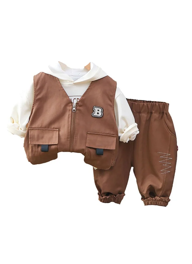 صندوق المفاجآت الصغيرة Dark Brown Designed 3 Pcs Sleeveless Jacket Styled Hoodie And Pant Suit Set For Toddlers And Kids