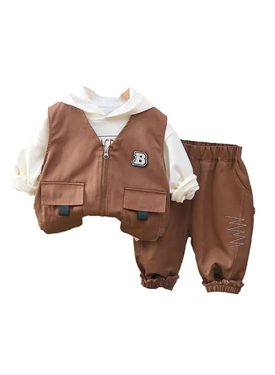 ليتل سربرايز بوكس Dark Brown Designed 3 Pcs Sleeveless Jacket Styled Hoodie And Pant Suit Set For Toddlers And Kids