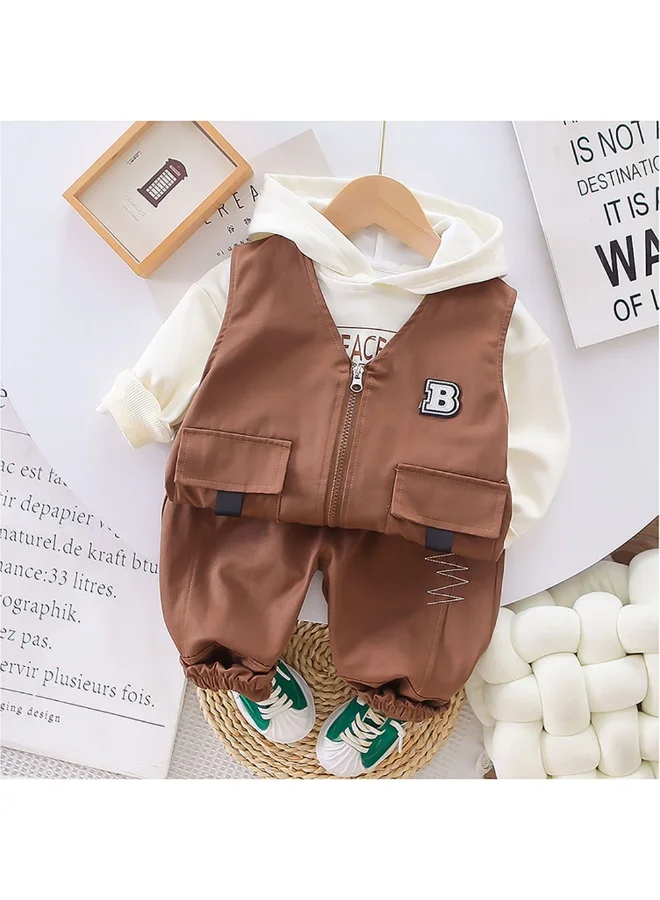 ليتل سربرايز بوكس Dark Brown Designed 3 Pcs Sleeveless Jacket Styled Hoodie And Pant Suit Set For Toddlers And Kids