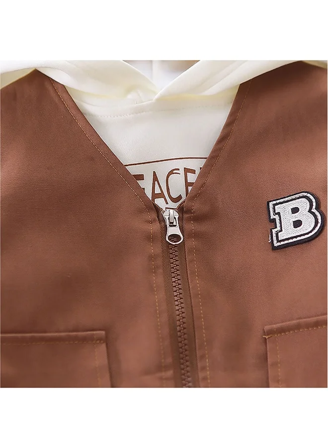 ليتل سربرايز بوكس Dark Brown Designed 3 Pcs Sleeveless Jacket Styled Hoodie And Pant Suit Set For Toddlers And Kids