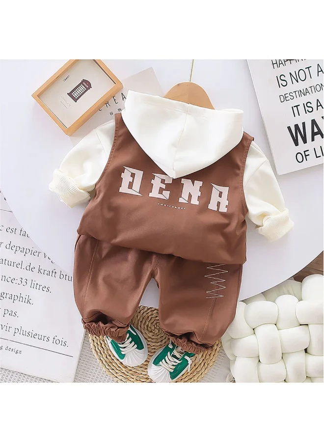 ليتل سربرايز بوكس Dark Brown Designed 3 Pcs Sleeveless Jacket Styled Hoodie And Pant Suit Set For Toddlers And Kids