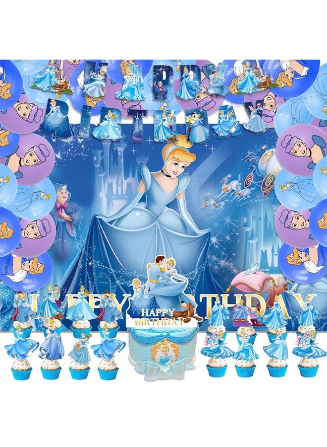 OMTO 42pcs Cinderella Party Supplies Pack Includes，Banner，Cake Topper，Blackdrop,Balloons for Cinderella party Decoration - Image 1