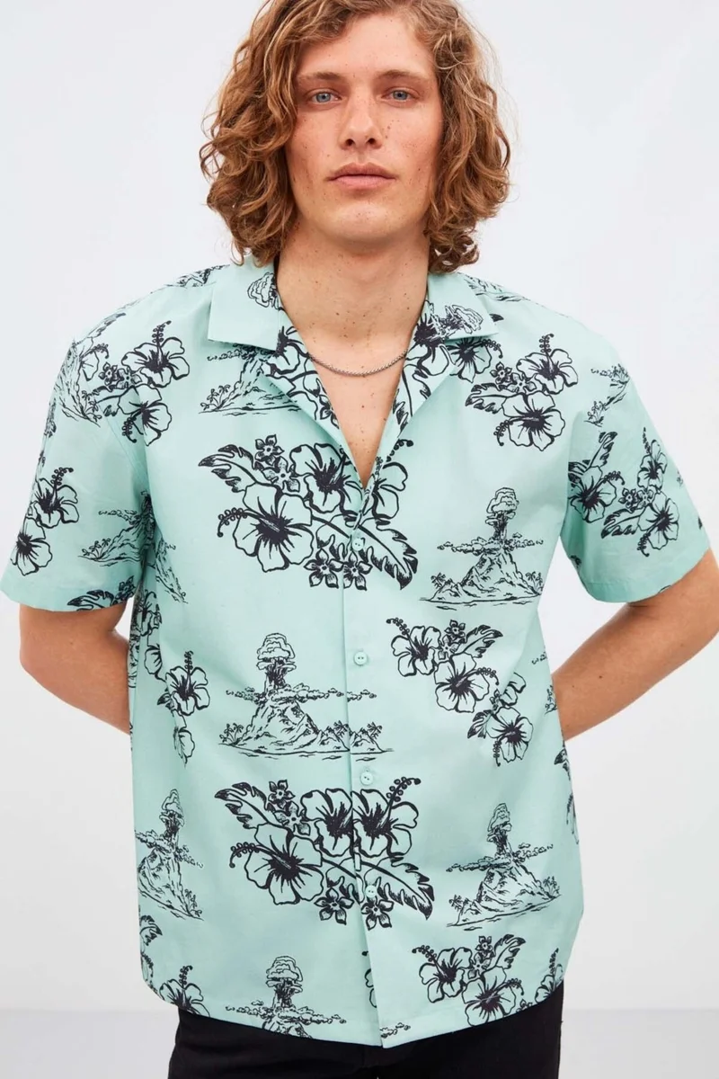 GRIMELANGE Almeira Men's 100% Cotton Poplin Fabric Patterned Summer Mint Green Shirt