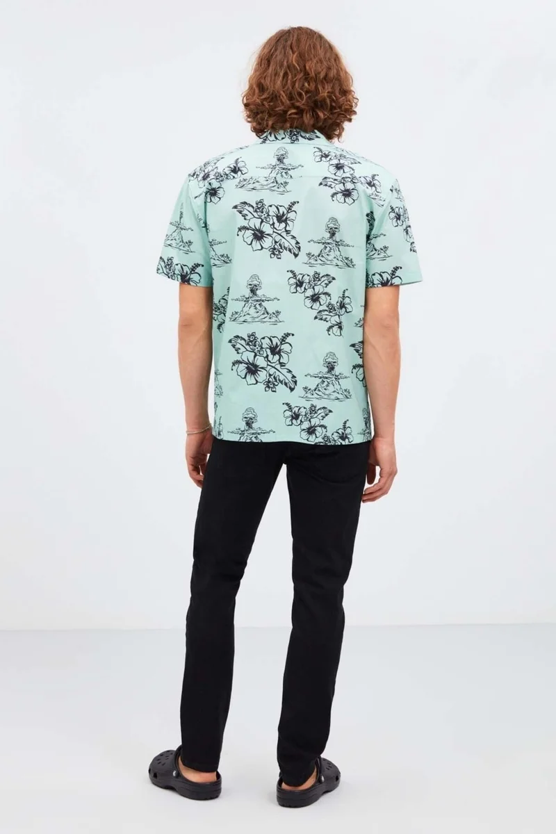 GRIMELANGE Almeira Men's 100% Cotton Poplin Fabric Patterned Summer Mint Green Shirt