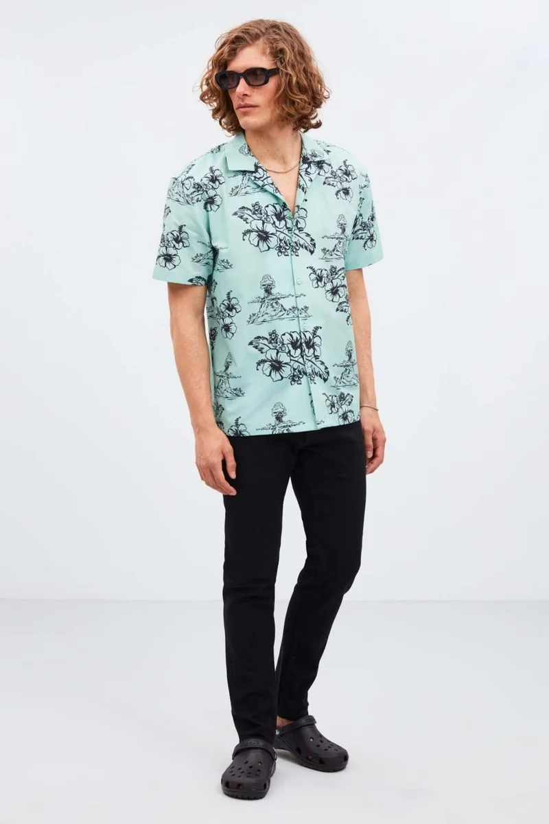 GRIMELANGE Almeira Men's 100% Cotton Poplin Fabric Patterned Summer Mint Green Shirt
