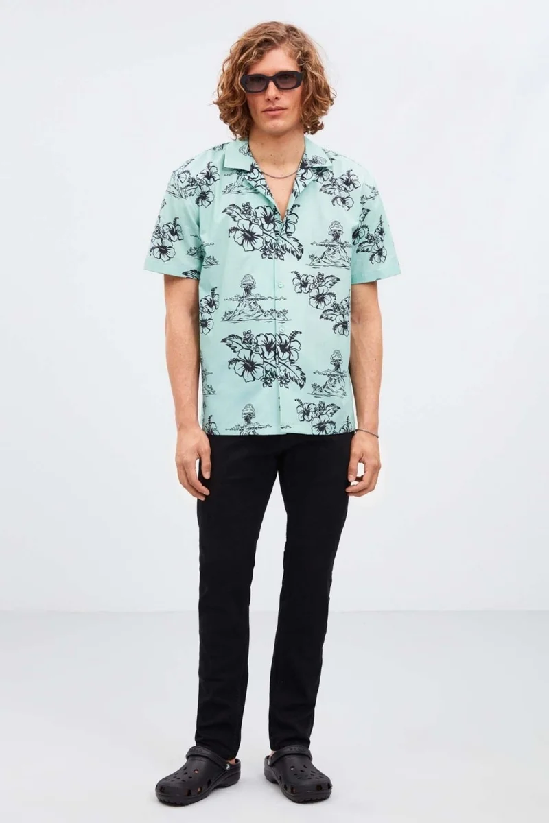 GRIMELANGE Almeira Men's 100% Cotton Poplin Fabric Patterned Summer Mint Green Shirt