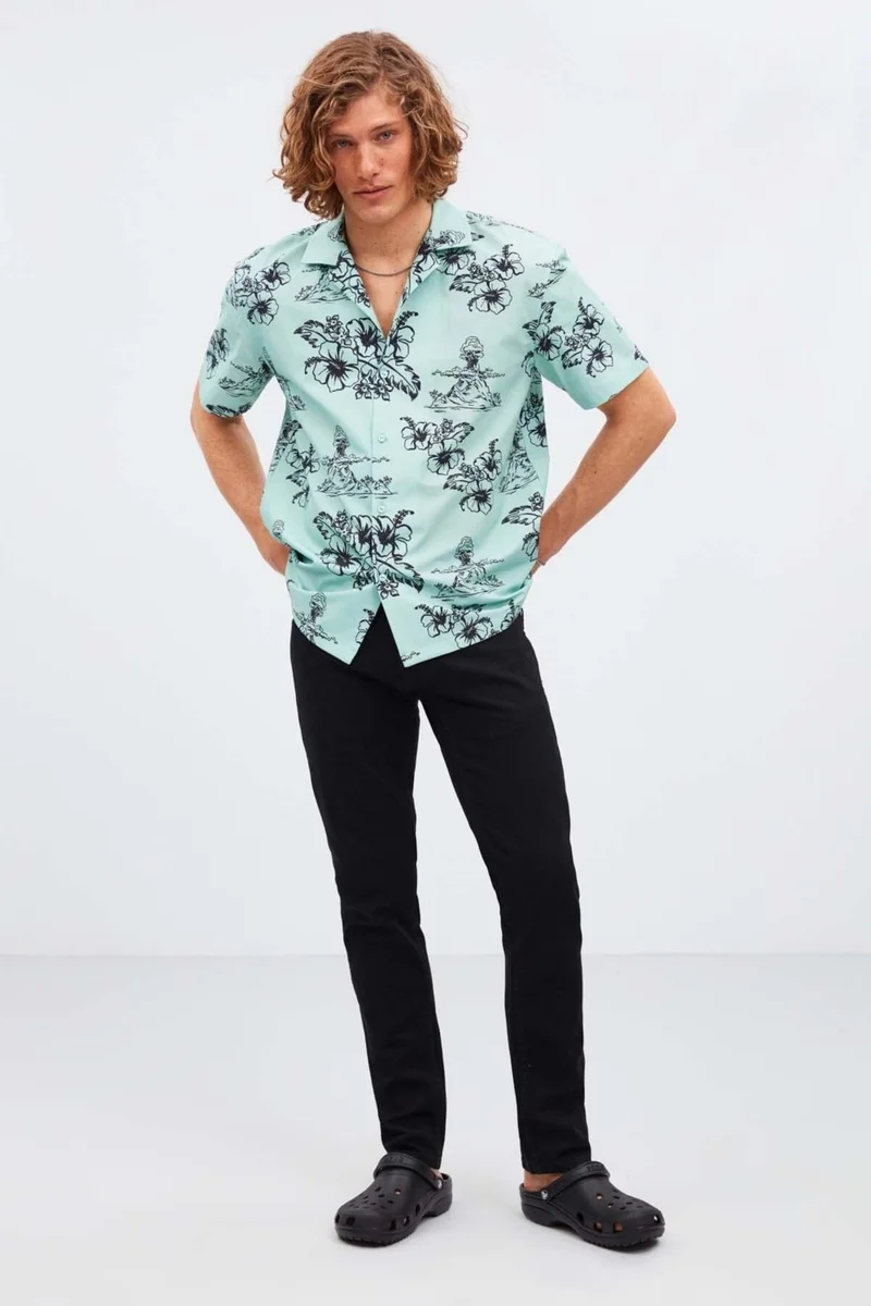 GRIMELANGE Almeira Men's 100% Cotton Poplin Fabric Patterned Summer Mint Green Shirt
