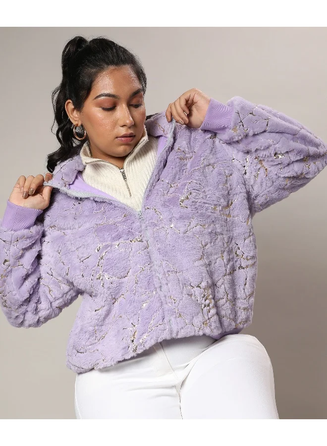 Instafab Plus Women's Lilac Metallic Veined Faux Fur Jacket