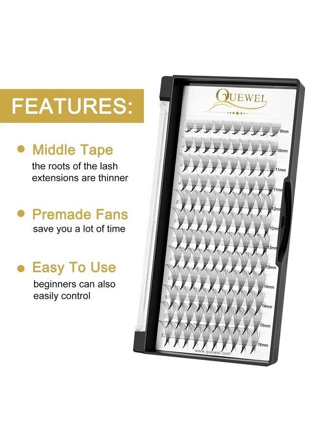 QUEWEL - Premade Fans Middle Part 3D ～ 10D 12D 14D | 0.05/0.07/0.10 | Curl C/D | 10-18mm Length | Long Lasting Easy Application Long Stem Russian Volume Eyelash Extensions (14D-0.05D-Mix9-16) - Image 1