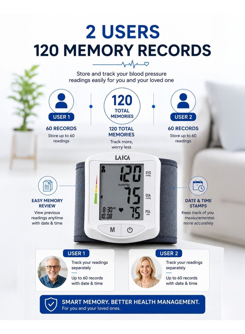 LAICA BM1006 Automatic Wrist Blood Pressure Monitor Digital BP Machine with Large LCD Display Heart Rate Pulse Monitor Irregular Heartbeat Detection 2 Users 120 Memory Records Average Reading Portable Home Healthcare Device with Carry Case - Image 5