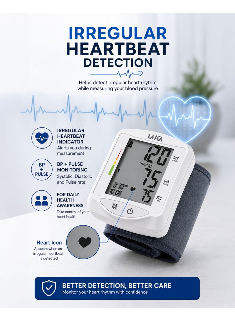 LAICA BM1006 Automatic Wrist Blood Pressure Monitor Digital BP Machine with Large LCD Display Heart Rate Pulse Monitor Irregular Heartbeat Detection 2 Users 120 Memory Records Average Reading Portable Home Healthcare Device with Carry Case - Image 4