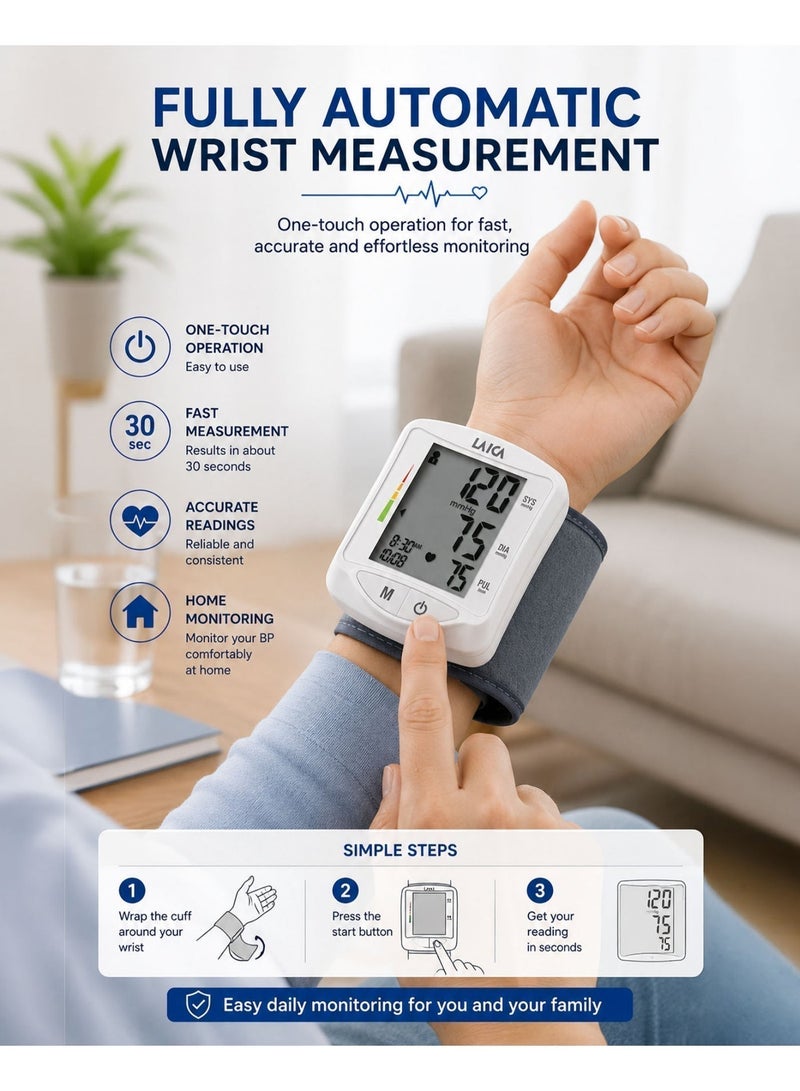 LAICA BM1006 Automatic Wrist Blood Pressure Monitor Digital BP Machine with Large LCD Display Heart Rate Pulse Monitor Irregular Heartbeat Detection 2 Users 120 Memory Records Average Reading Portable Home Healthcare Device with Carry Case - Image 3