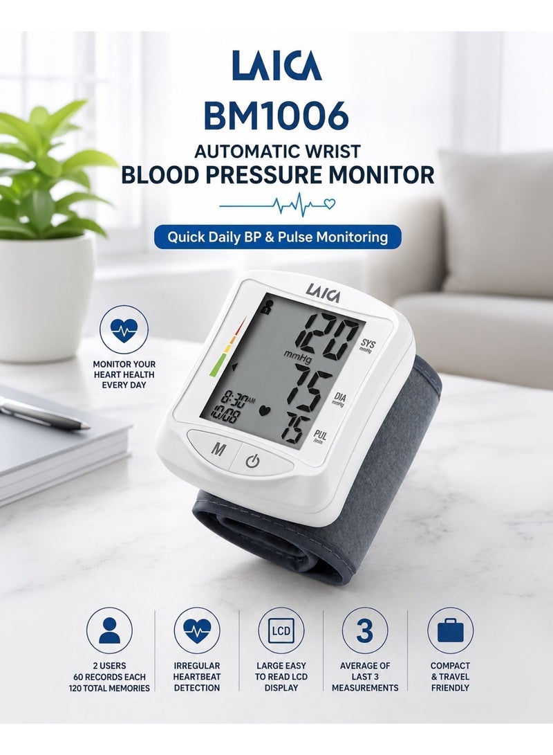 LAICA BM1006 Automatic Wrist Blood Pressure Monitor Digital BP Machine with Large LCD Display Heart Rate Pulse Monitor Irregular Heartbeat Detection 2 Users 120 Memory Records Average Reading Portable Home Healthcare Device with Carry Case - Image 1