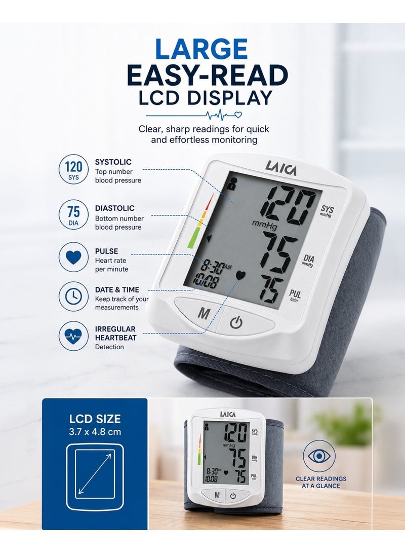 LAICA BM1006 Automatic Wrist Blood Pressure Monitor Digital BP Machine with Large LCD Display Heart Rate Pulse Monitor Irregular Heartbeat Detection 2 Users 120 Memory Records Average Reading Portable Home Healthcare Device with Carry Case - Image 2
