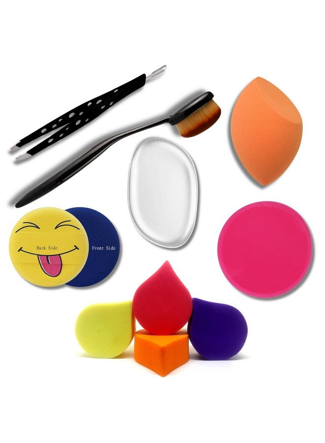 OUT OF BOX 10-Piece Beauty Tool Combo - Includes Slant-Pointed Tip Tweezer, Oval Makeup Blush Brush, Emoji Puff, Silicone Blender, Blender, Big Puff, And 4 Makeup Sponge Puffs