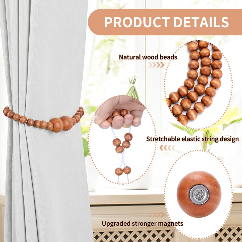 KLOGTSIND Magnetic Curtain Tiebacks, 2 Pack Curtain Holdbacks for Draperies, Wood Bead Curtain Tiebacks, Curtain Tie Backs for Bedroom Decor, Boho Room Decor, Nursery Decor, Farmhouse Decor, Office Decor - Image 5