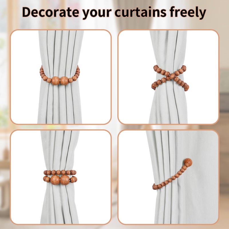 KLOGTSIND Magnetic Curtain Tiebacks, 2 Pack Curtain Holdbacks for Draperies, Wood Bead Curtain Tiebacks, Curtain Tie Backs for Bedroom Decor, Boho Room Decor, Nursery Decor, Farmhouse Decor, Office Decor - Image 4