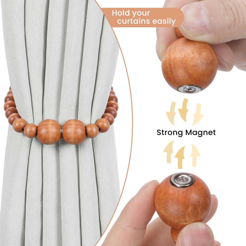 KLOGTSIND Magnetic Curtain Tiebacks, 2 Pack Curtain Holdbacks for Draperies, Wood Bead Curtain Tiebacks, Curtain Tie Backs for Bedroom Decor, Boho Room Decor, Nursery Decor, Farmhouse Decor, Office Decor - Image 2