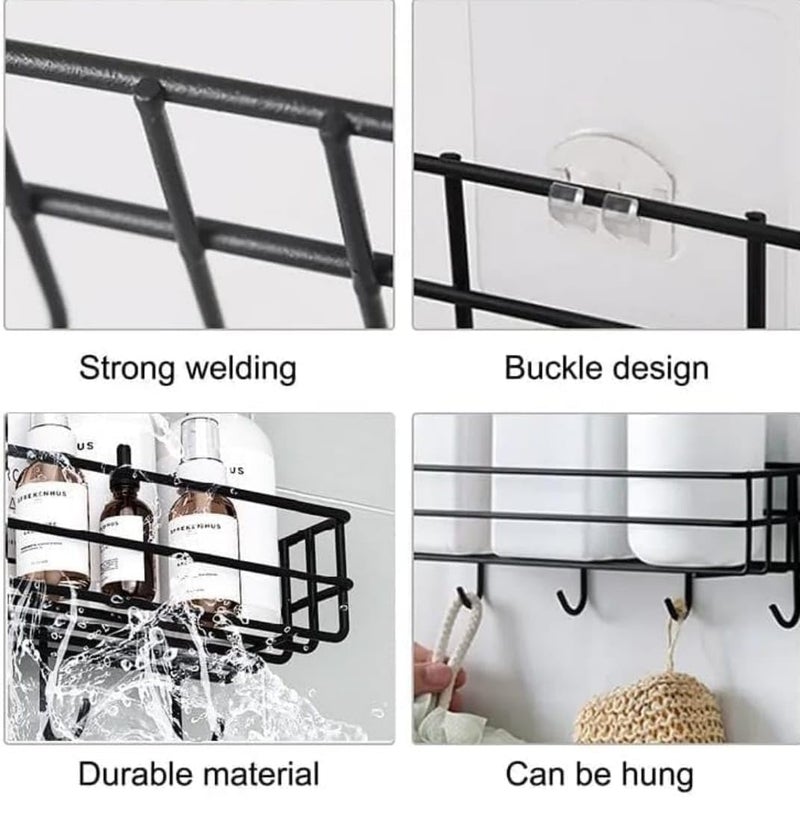 TEKCOOL Stainless Steel Bathroom Shelf Wall Mounted Self Adhesive Black Pack of 1 for Wall, Bathroom Organiser, 4 Hooks, for Towel Holder, Space-Saving, Elegant Design - Image 4