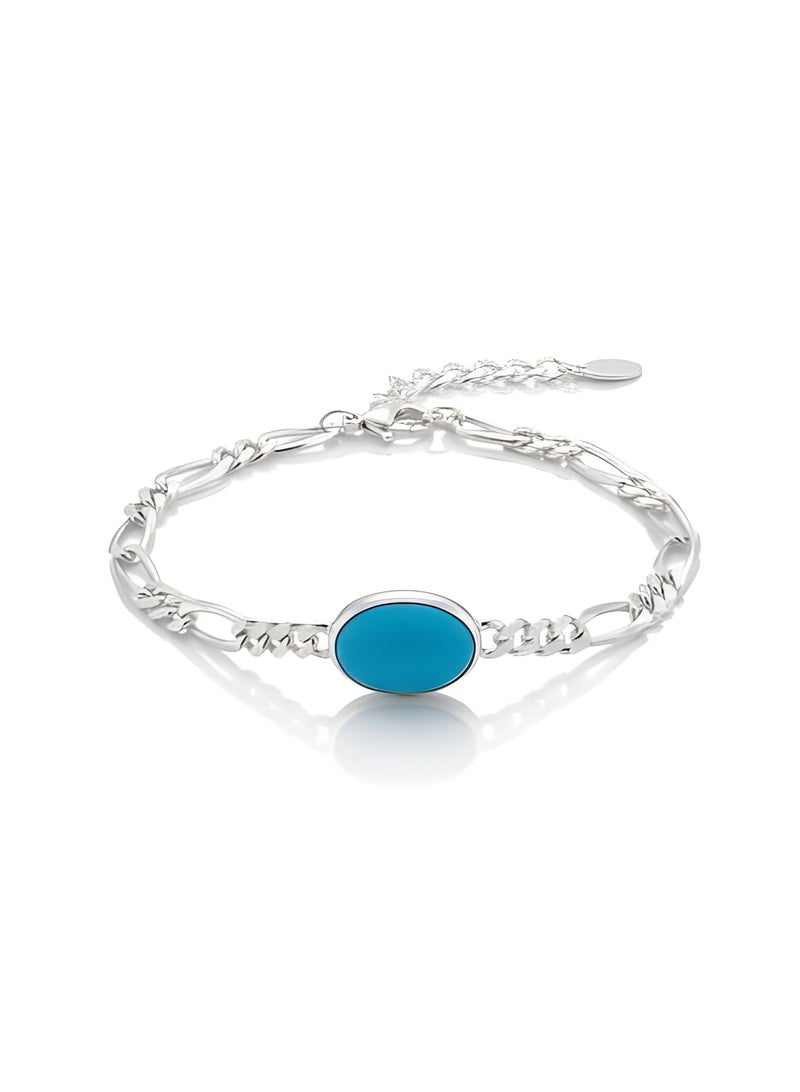 FINE SILVER 925 Sterling Silver Men's Vintage Style Bracelet with Oval Blue Turquoise Stone - Image 1