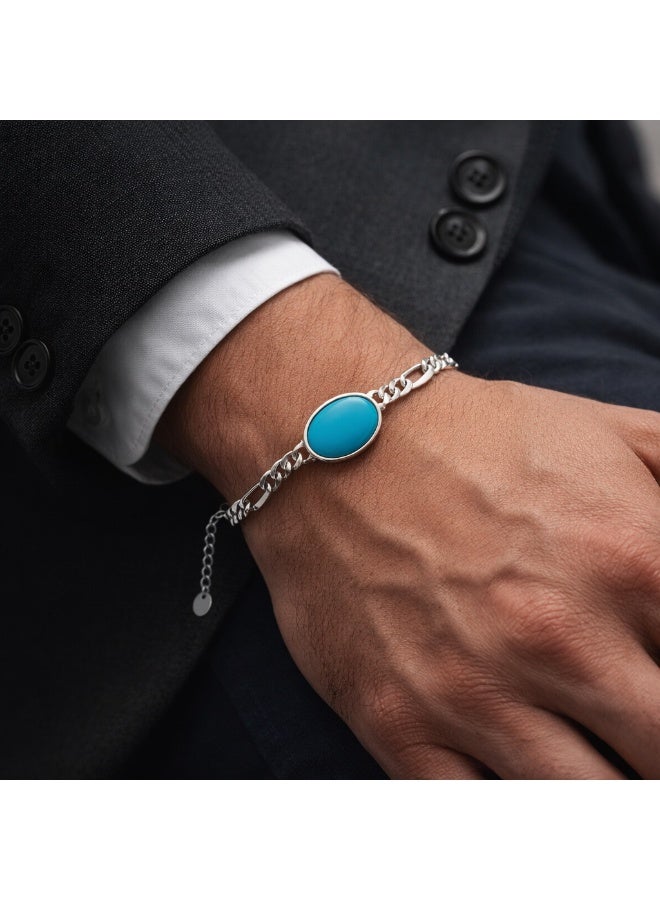 FINE SILVER 925 Sterling Silver Men's Vintage Style Bracelet with Oval Blue Turquoise Stone - Image 2