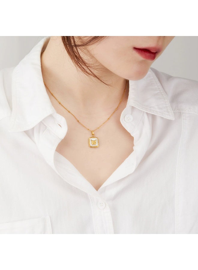 Goolsky French Retro Shell Butterfly Square Pendant Necklace – Shell & Butterfly Design, Vintage Style, Daily/Beach/Vacation Wear, Bohemian - Image 4