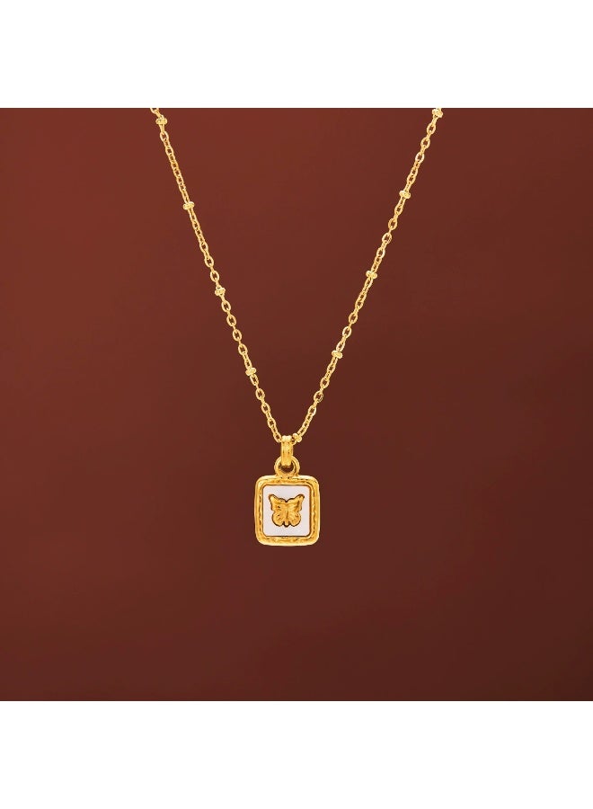 Goolsky French Retro Shell Butterfly Square Pendant Necklace – Shell & Butterfly Design, Vintage Style, Daily/Beach/Vacation Wear, Bohemian - Image 3