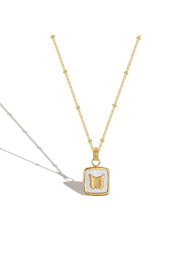 Goolsky French Retro Shell Butterfly Square Pendant Necklace – Shell & Butterfly Design, Vintage Style, Daily/Beach/Vacation Wear, Bohemian - Image 1