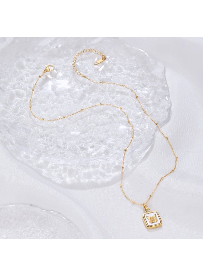 Goolsky French Retro Shell Butterfly Square Pendant Necklace – Shell & Butterfly Design, Vintage Style, Daily/Beach/Vacation Wear, Bohemian - Image 2