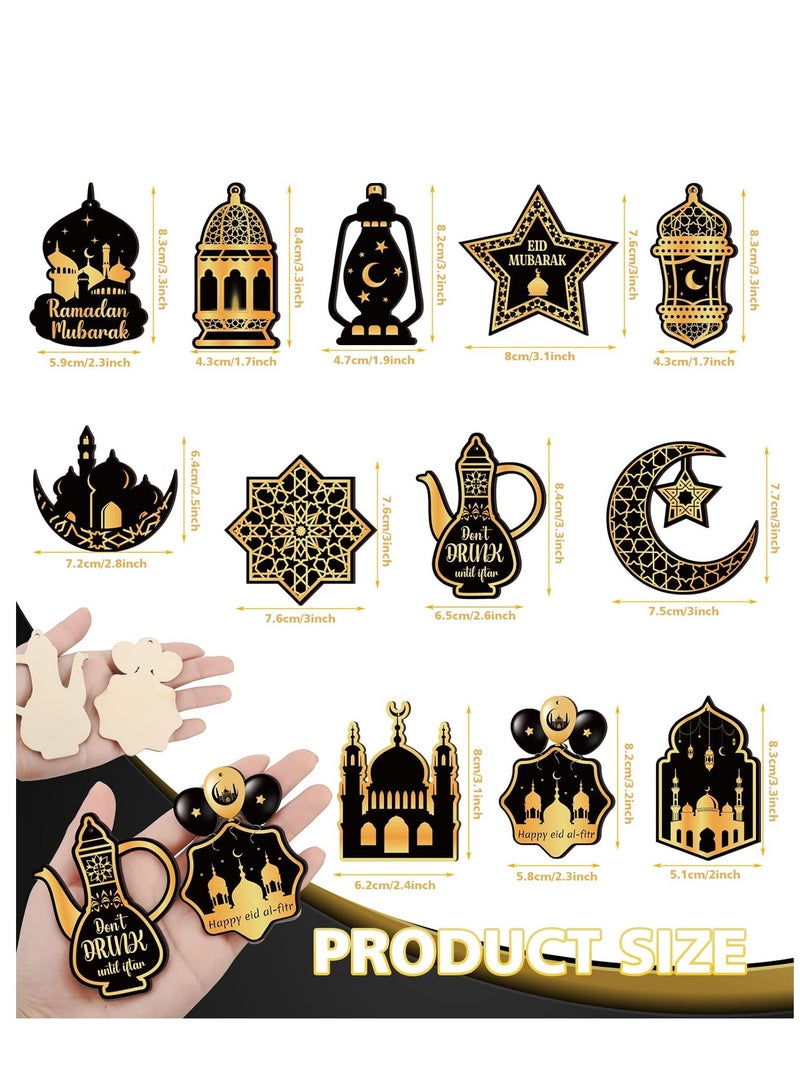 يواوليتي ديكورات رمضان ، ديكورات رمضان للمنزل ، 24 قطعة الحلي الخشبية رمضان مع 12 أنماط ، رمضان خشبية حلي معلقة لأشجار الطاولة ديكور - Image 3