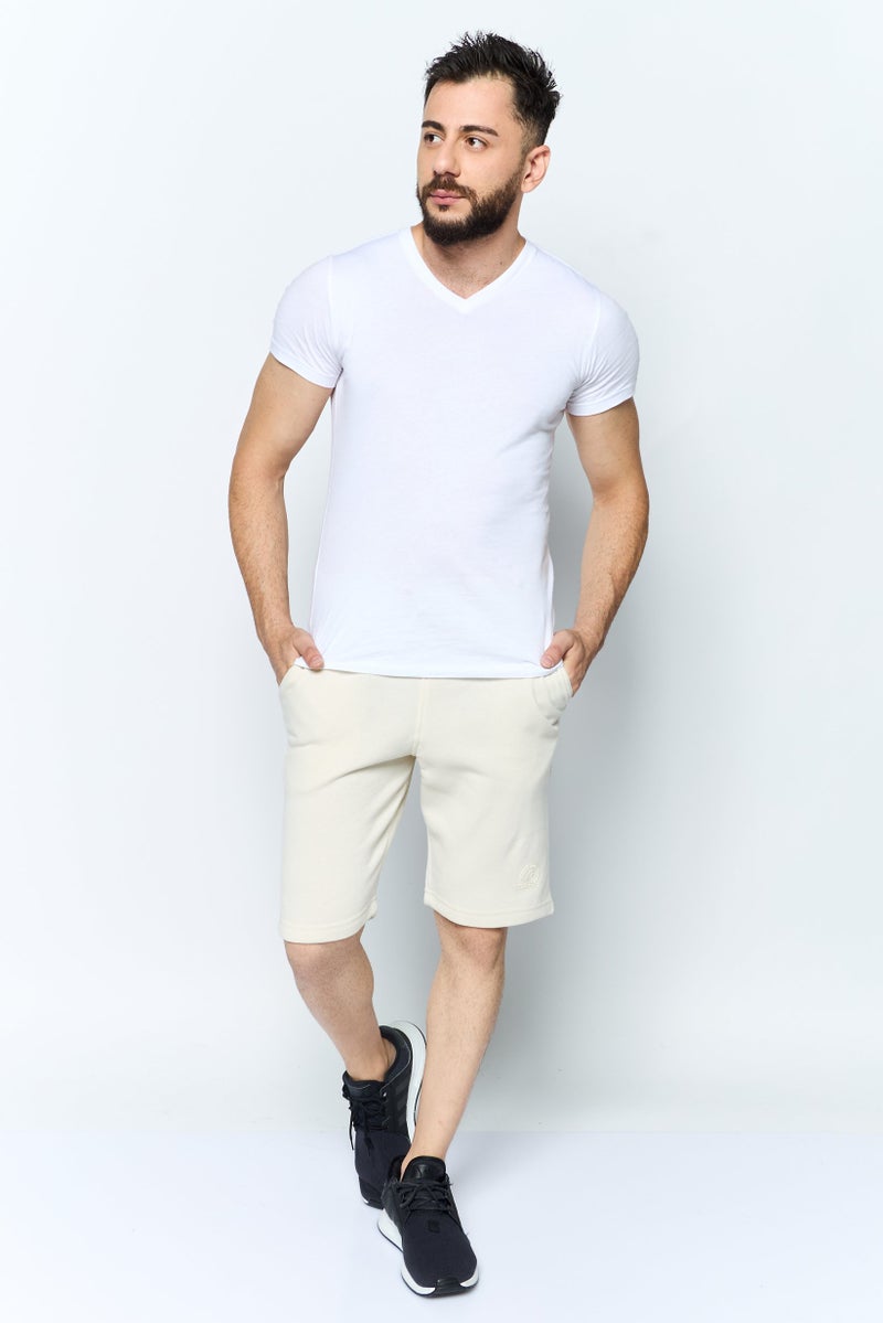 Akademiks Men Drawstring Brand Logo Basic Shorts, Beige - Image 4
