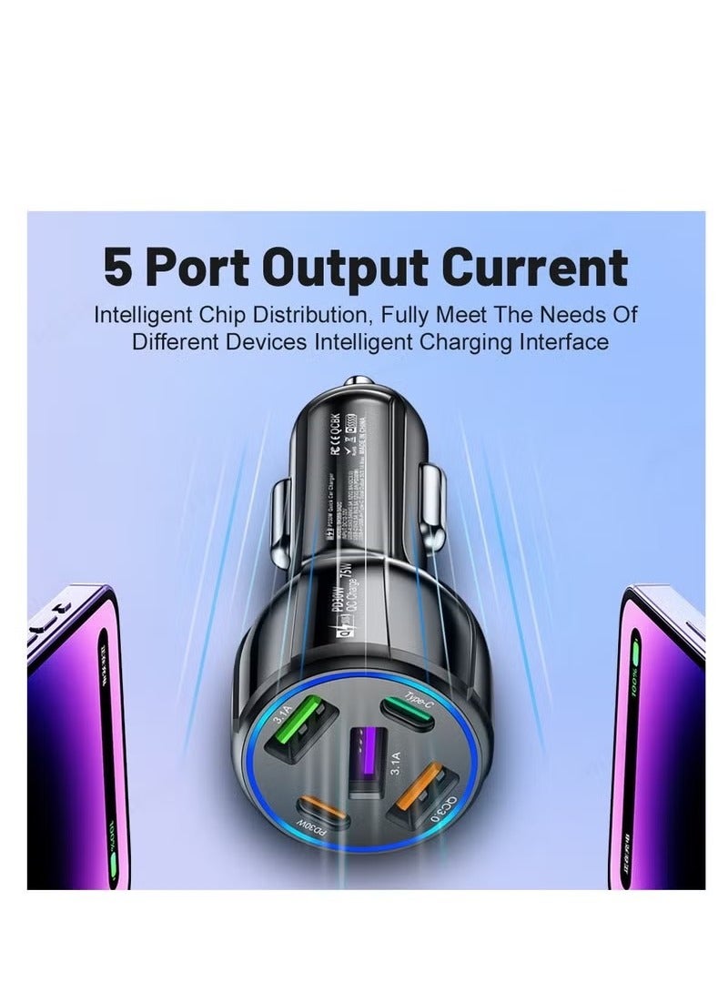 Five-In-One Car Charger, 75W Fast Charging 3USB+2PD, Car Mobile Phone Charger  - Image 2