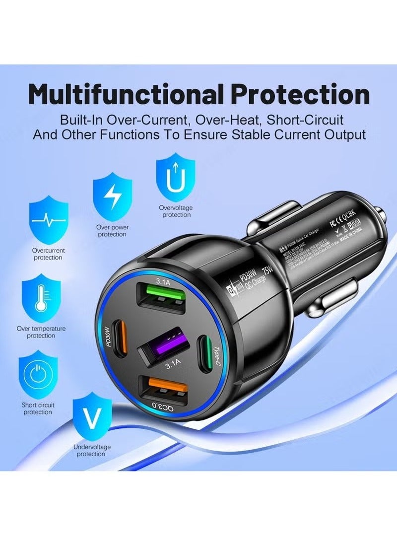 Five-In-One Car Charger, 75W Fast Charging 3USB+2PD, Car Mobile Phone Charger  - Image 4