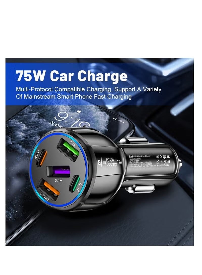 Five-In-One Car Charger, 75W Fast Charging 3USB+2PD, Car Mobile Phone Charger  - Image 5