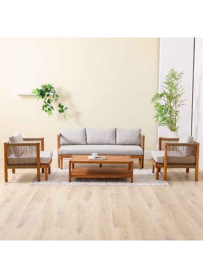 DANUBE HOME - Watson 5-Seater Outdoor Sofa Set | Wooden Frame Garden Furniture I Modern Design Lounge Sofa Sets | Outdoor Seating Table And Chairs For Patio Lawn Garden-Natural Wood/Beige - Image 1