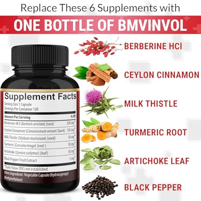BMVINVOL Berberine, Ceylon Cinnamon, Turmeric, Milk Thistle, Artichoke, Black Pepper - 120 Capsules for Digestion, Immunity [4-Month Supply] - Image 4