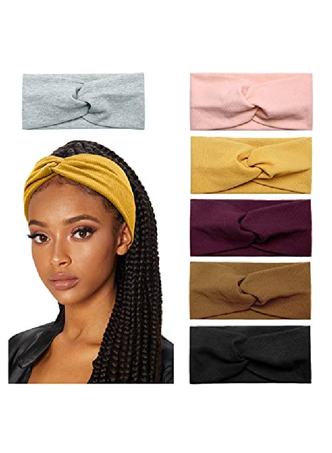Huachi Turban Headbands For Women Wide Head Wraps Knotted Elastic Teen Girls Yoga Workout Solid Color Hair Accessories 6 Pack - Image 1