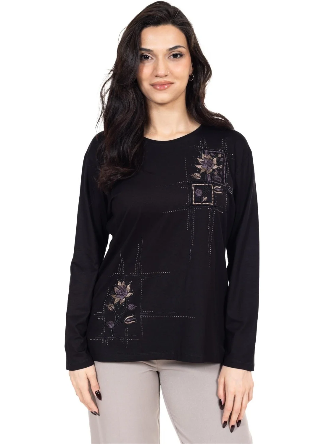Mutlu City New Season Women's Middle Age and Above Viscose Cross-Stitch Embroidered Luxury Mother's Combed Cotton Blouse 24311