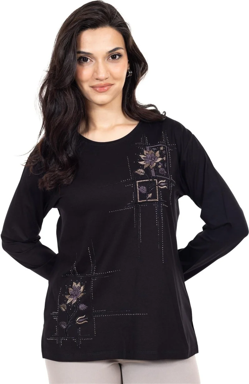 موتلو سيتي New Season Women's Middle Age and Above Viscose Cross-Stitch Embroidered Luxury Mother's Combed Cotton Blouse 24311