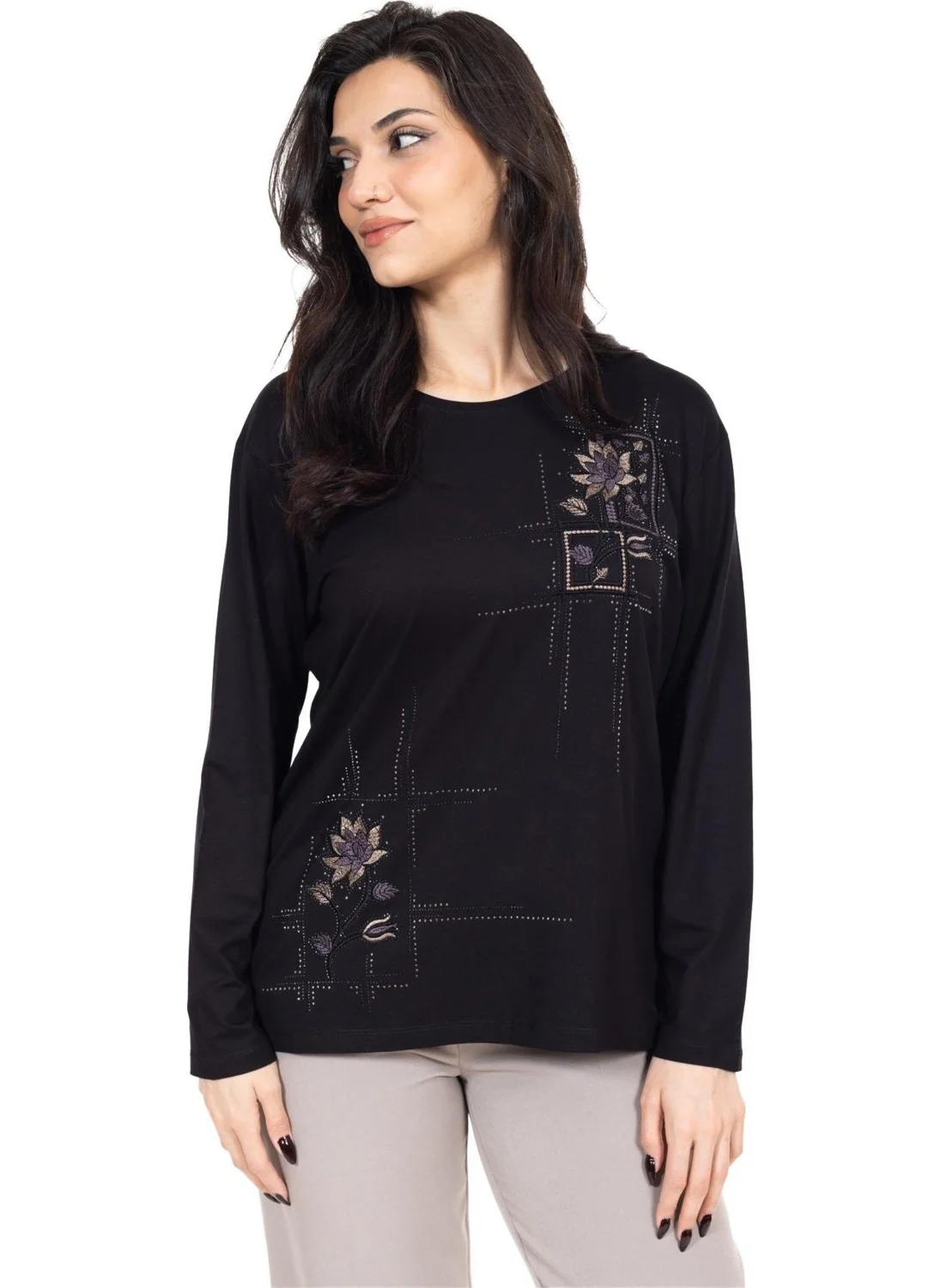Mutlu City New Season Women's Middle Age and Above Viscose Cross-Stitch Embroidered Luxury Mother's Combed Cotton Blouse 24311